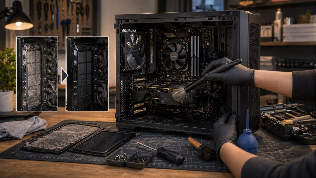 PC 청소 서비스와 직접 청소의 차이를 보여주는 내부 청소 이미지