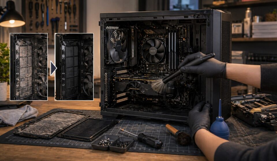 PC 청소 서비스와 직접 청소의 차이를 보여주는 내부 청소 이미지