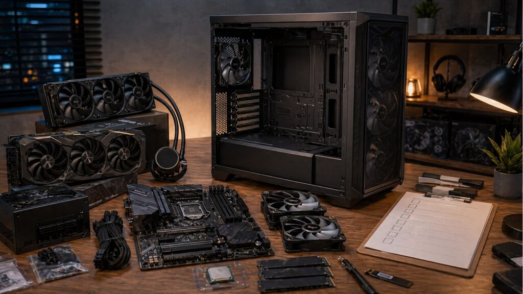 고사양 PC 부품을 조립 전 정리해둔 작업대 이미지