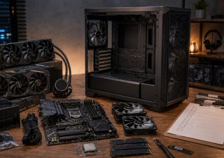 고사양 PC 부품을 조립 전 정리해둔 작업대 이미지