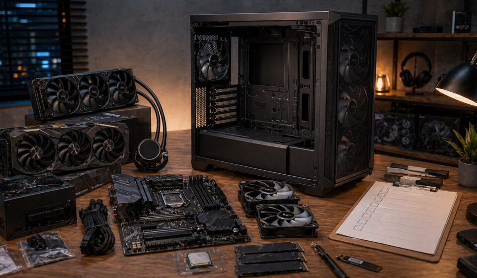 고사양 PC 부품을 조립 전 정리해둔 작업대 이미지