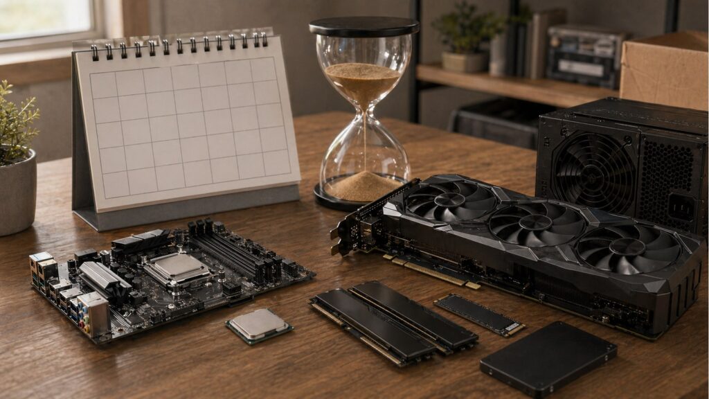 PC 부품 구매 타이밍을 기다리는 부품과 모래시계 이미지