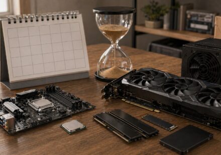 PC 부품 구매 타이밍을 기다리는 부품과 모래시계 이미지