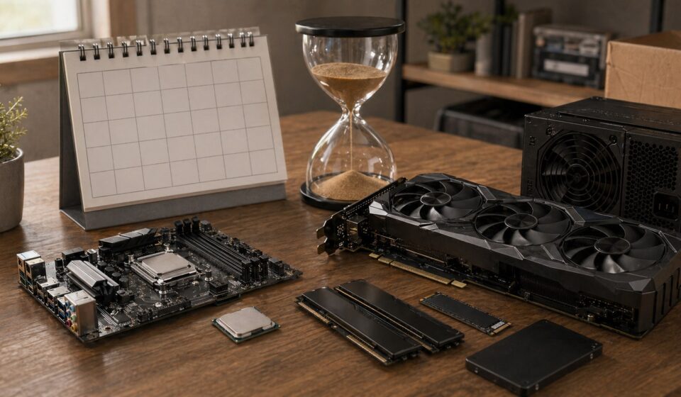PC 부품 구매 타이밍을 기다리는 부품과 모래시계 이미지