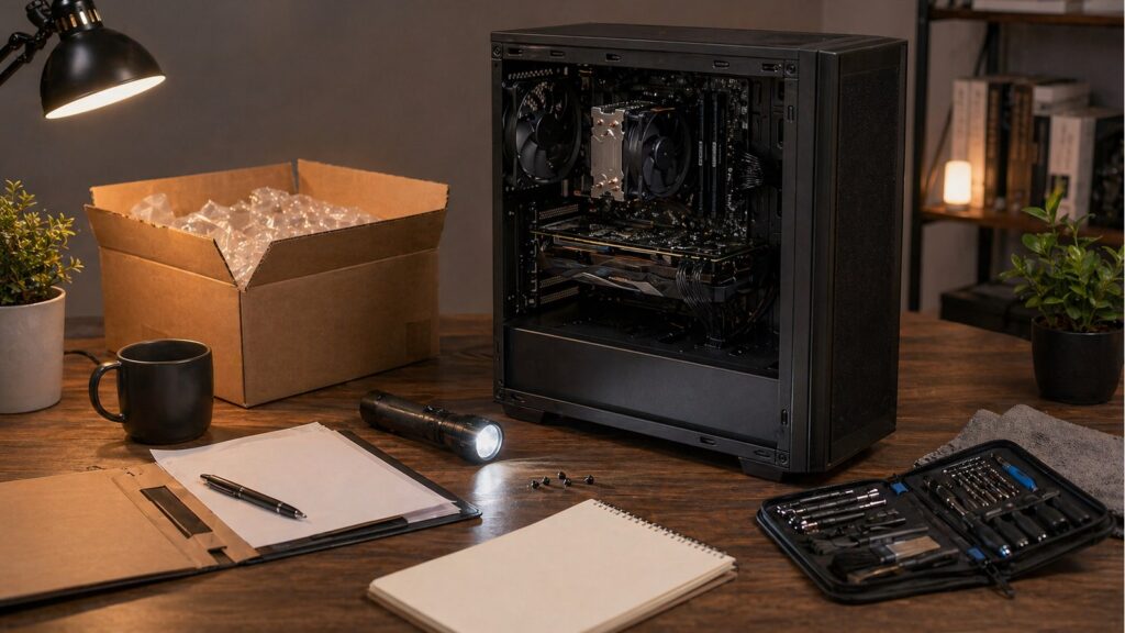 중고 PC 구매 후 상태와 가격을 확인하는 작업대 이미지