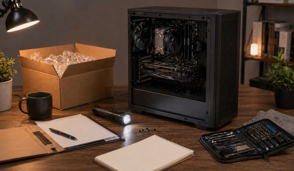 중고 PC 구매 후 상태와 가격을 확인하는 작업대 이미지
