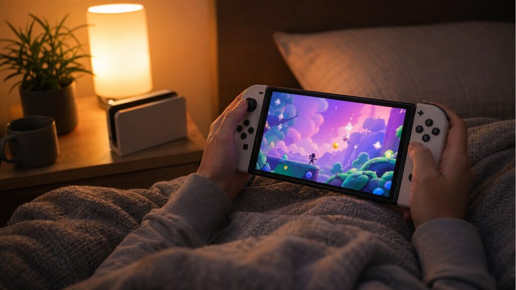 휴대용 게임기를 침대에서 사용하는 OLED 화면 체감 이미지