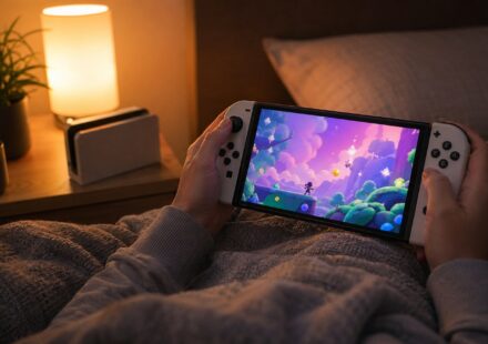휴대용 게임기를 침대에서 사용하는 OLED 화면 체감 이미지