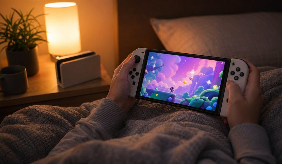 휴대용 게임기를 침대에서 사용하는 OLED 화면 체감 이미지