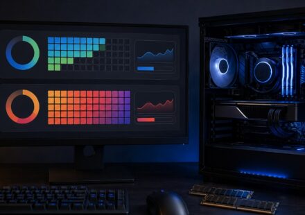 램 사용률과 메모리 캐시 상태를 추상적으로 보여주는 PC 모니터 이미지