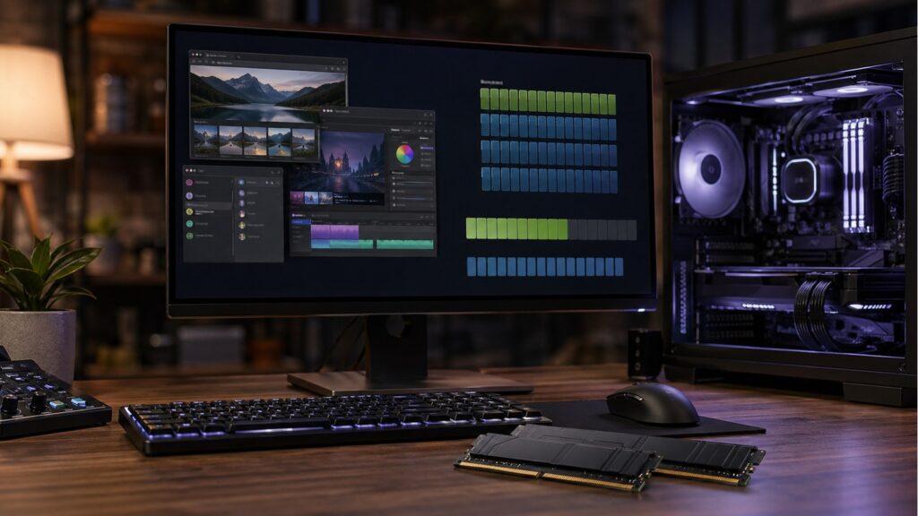 램 용량과 멀티태스킹 여유를 보여주는 데스크탑 PC 이미지