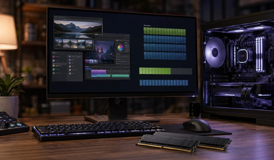 램 용량과 멀티태스킹 여유를 보여주는 데스크탑 PC 이미지