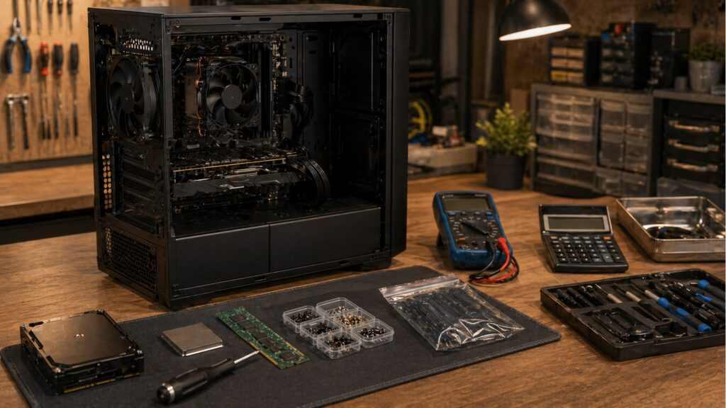 PC 수리 전 부품과 증상을 정리하는 작업대 이미지