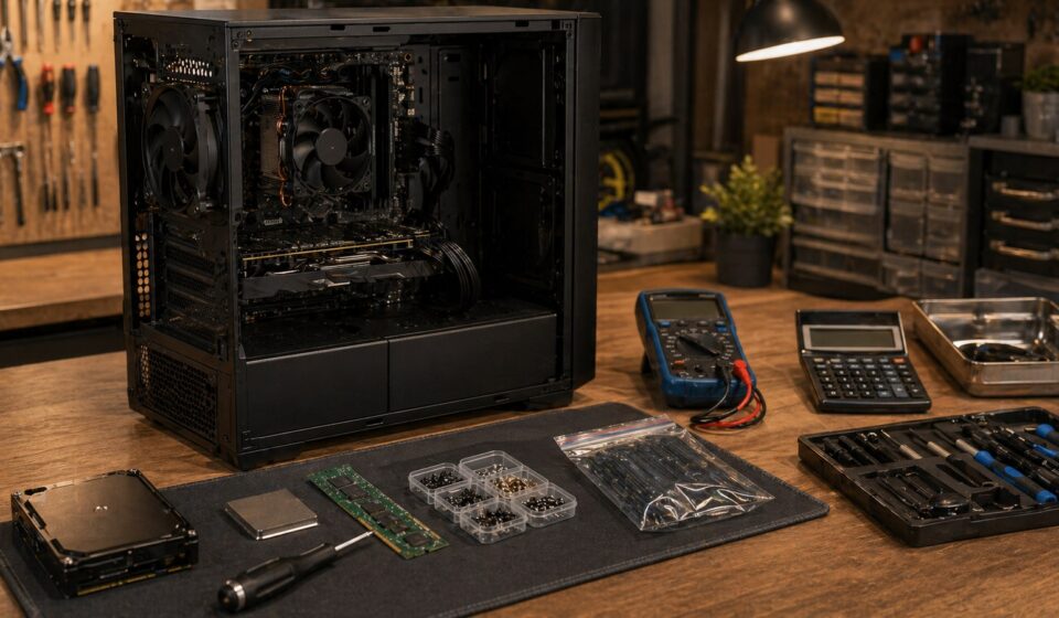 PC 수리 전 부품과 증상을 정리하는 작업대 이미지