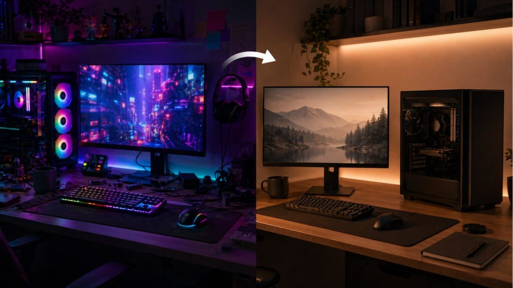 화려한 RGB PC와 차분한 단색 PC 셋업을 비교하는 이미지