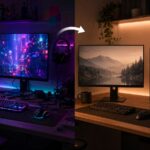 화려한 RGB PC와 차분한 단색 PC 셋업을 비교하는 이미지