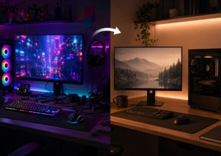 화려한 RGB PC와 차분한 단색 PC 셋업을 비교하는 이미지