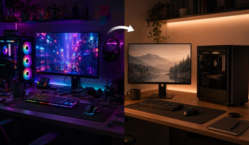 화려한 RGB PC와 차분한 단색 PC 셋업을 비교하는 이미지