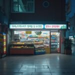 야간 편의점 카운터와 CCTV 모니터 사진