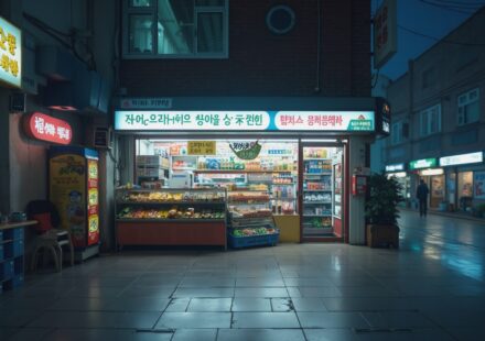 야간 편의점 카운터와 CCTV 모니터 사진