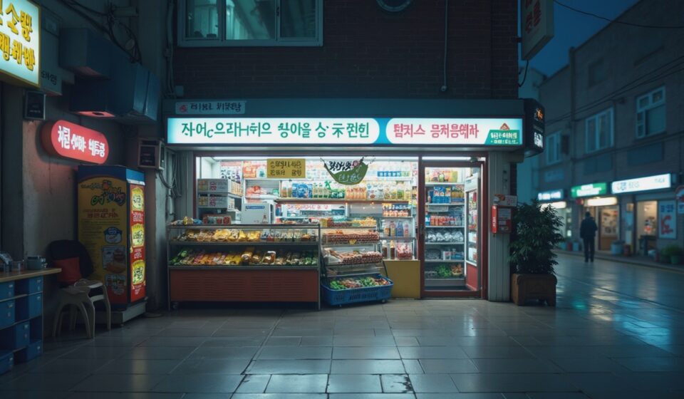 야간 편의점 카운터와 CCTV 모니터 사진