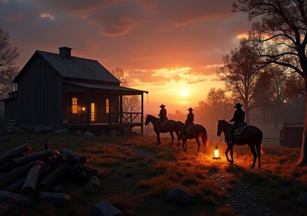 황혼 무렵 말을 타고 이동하는 서부 개척시대 분위기 이미지