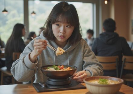 대학생이 다양한 음식을 처음 접하는 식당 장면
