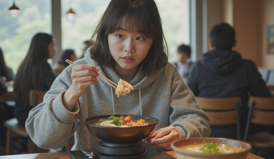 대학생이 다양한 음식을 처음 접하는 식당 장면