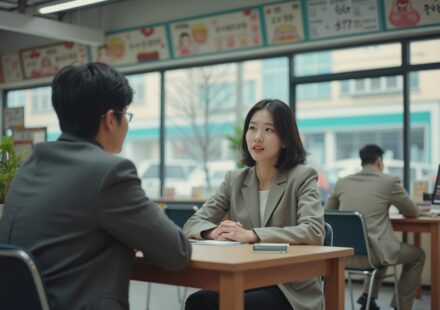 편의점 면접을 보는 작은 사무실 장면