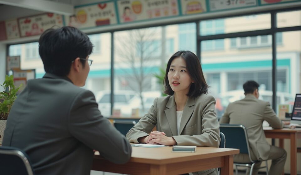 편의점 면접을 보는 작은 사무실 장면