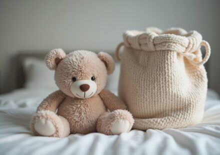 세탁할 인형과 세탁망이 놓인 침대 장면