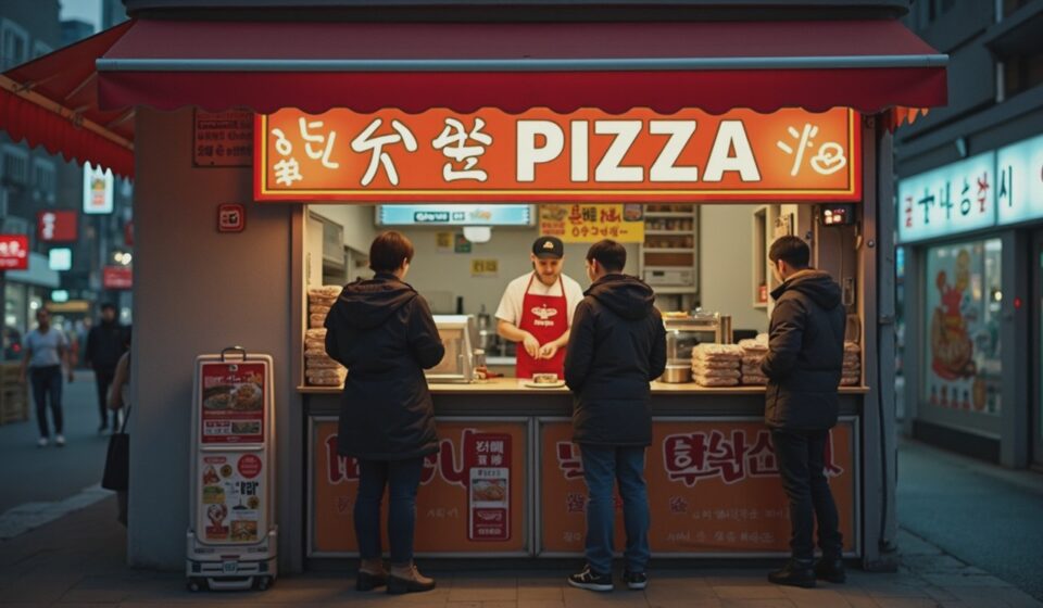 피자집 카운터에서 손님을 바라보는 장면