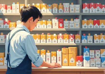 편의점 카운터 뒤 담배 진열대를 종류별로 채워 넣는 알바의 모습