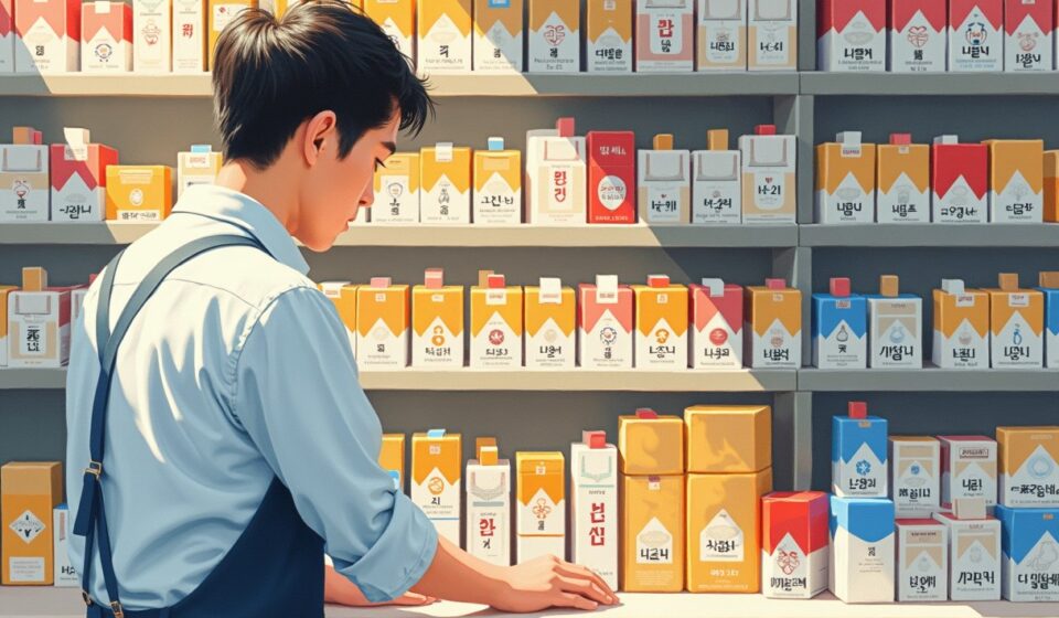 편의점 카운터 뒤 담배 진열대를 종류별로 채워 넣는 알바의 모습