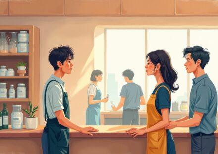 카운터에서 흥분한 손님을 담담한 자세로 마주하는 편의점 알바