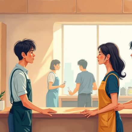 카운터에서 흥분한 손님을 담담한 자세로 마주하는 편의점 알바