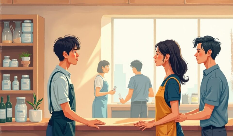 카운터에서 흥분한 손님을 담담한 자세로 마주하는 편의점 알바
