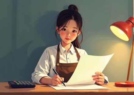 책상에서 펜과 계산기를 옆에 두고 근로계약서를 읽는 알바