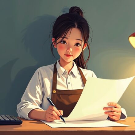 책상에서 펜과 계산기를 옆에 두고 근로계약서를 읽는 알바