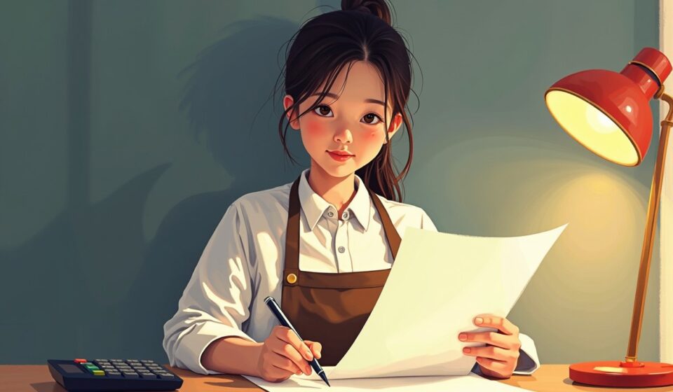 책상에서 펜과 계산기를 옆에 두고 근로계약서를 읽는 알바
