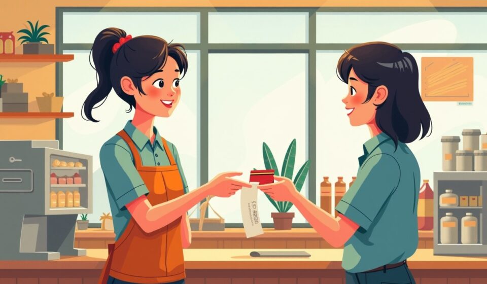 편의점 카운터에서 알바가 손님에게 영수증과 카드를 돌려주며 환불을 처리하는 모습