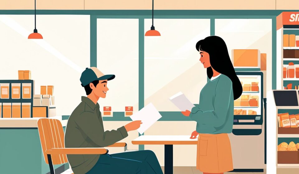 편의점 안쪽 테이블에서 점주에게 서류 봉투를 건네는 어린 지원자