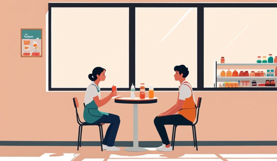 편의점 안쪽 작은 테이블에서 마주 앉아 이야기하는 두 사람
