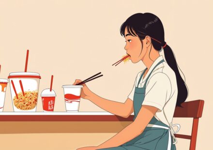 편의점 카운터 뒤 작은 의자에 앉아 컵라면을 먹다가 출입문 쪽을 바라보는 아르바이트생