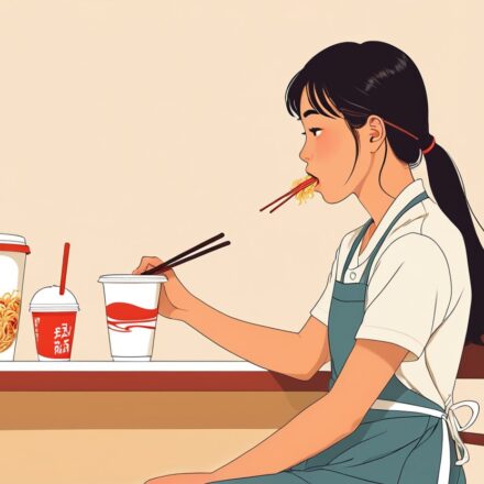 편의점 카운터 뒤 작은 의자에 앉아 컵라면을 먹다가 출입문 쪽을 바라보는 아르바이트생