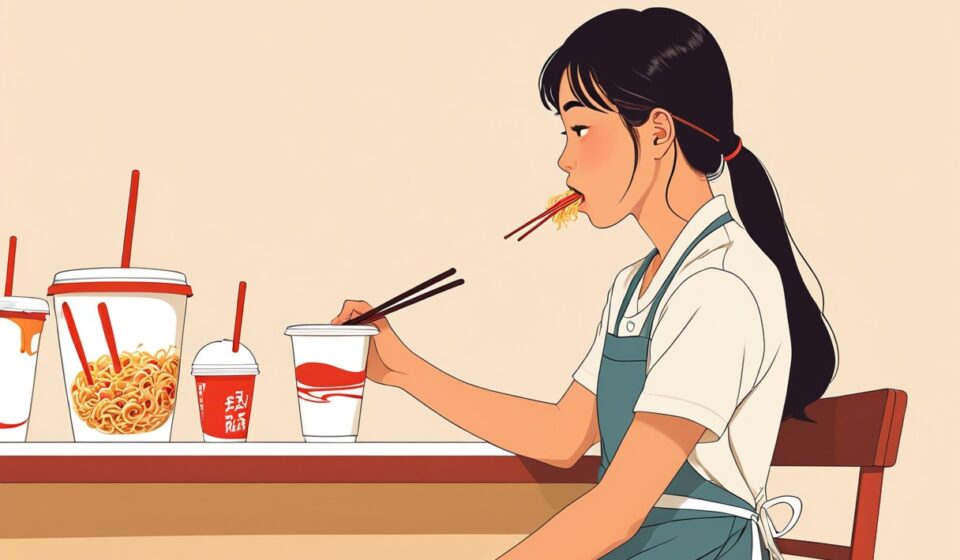 편의점 카운터 뒤 작은 의자에 앉아 컵라면을 먹다가 출입문 쪽을 바라보는 아르바이트생