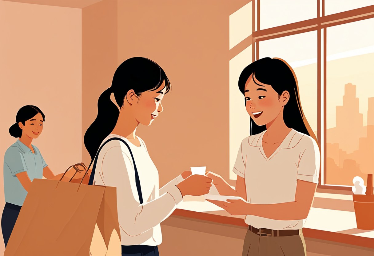 저녁 시간 카운터에서 물건을 건네는 알바생과 그 앞에 줄 선 손님 두어 명의 근접 장면