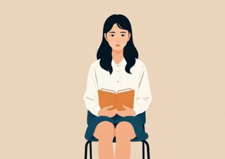 대기 의자에 앉아 얇은 서류철을 펴 든 채 차례를 기다리는 젊은 사람