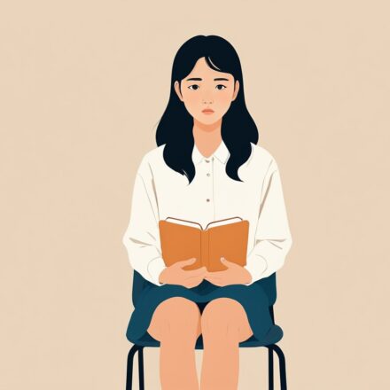 대기 의자에 앉아 얇은 서류철을 펴 든 채 차례를 기다리는 젊은 사람