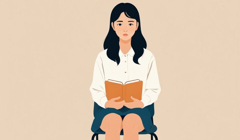 대기 의자에 앉아 얇은 서류철을 펴 든 채 차례를 기다리는 젊은 사람
